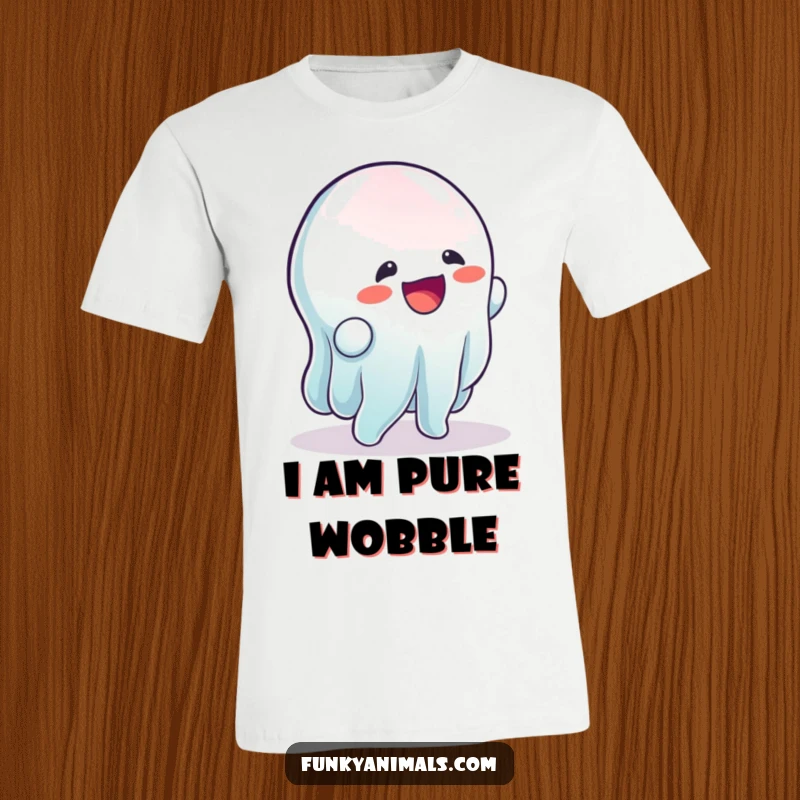 Funny t-shirt of a wobbly, gelatinous creature doing a rhythmic wobble, radiating pure, jiggly happiness.