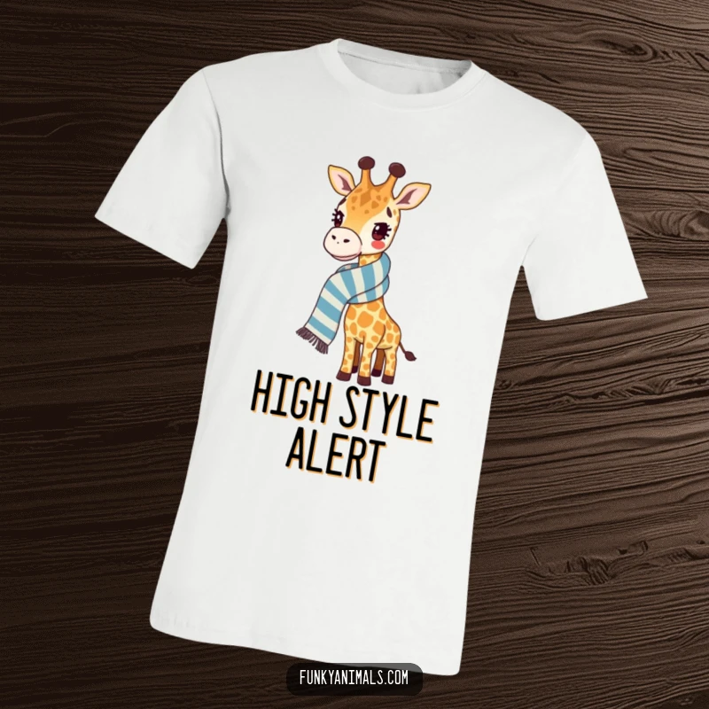 Funny giraffe t-shirt showcasing a tall giraffe elegantly draped in a ridiculously long, striped scarf, embodying quirky fashion.