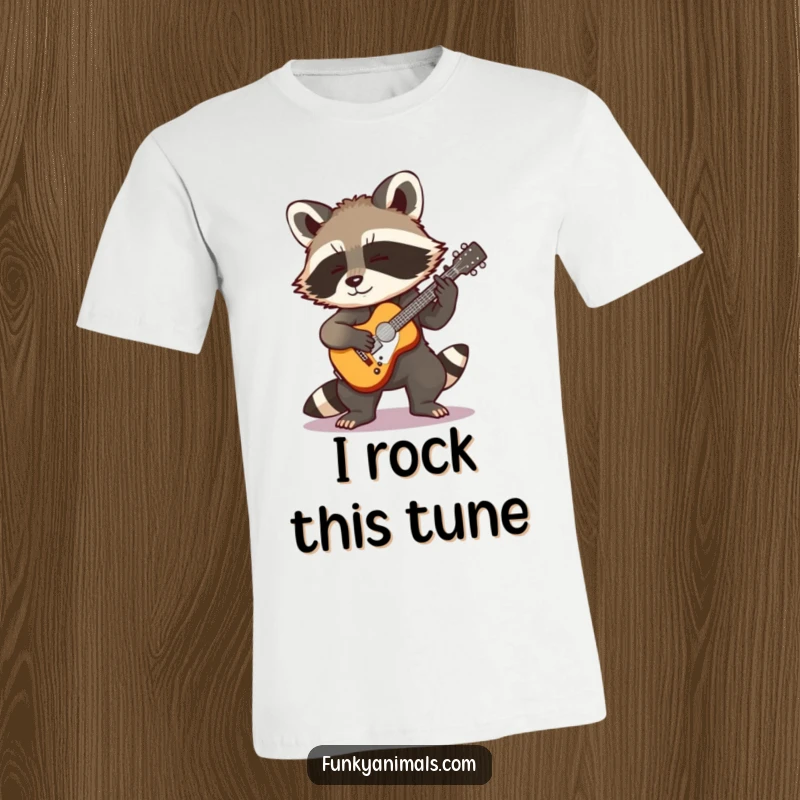 Funny Rocking Raccoon T-Shirt: A cool raccoon cub playing a tiny guitar with passion, rocking out to an unseen audience with intense musical energy.