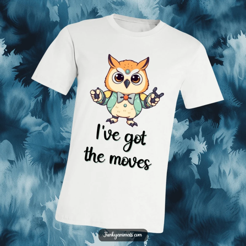 Funny Robot Owl Cub T-Shirt: A stylish owl cub sporting a bowtie, executing a flawless robot dance with mechanical flair and an infectious groove.