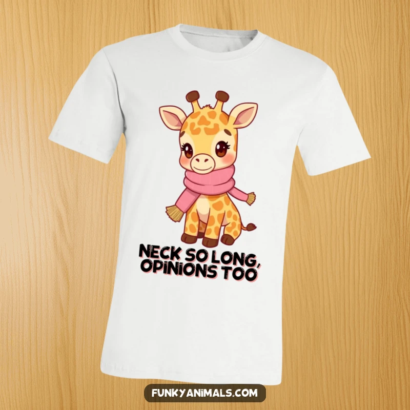 Funny t-shirt depicting a hip giraffe cub with a cozy knitted scarf, head bobbing to an unseen beat.