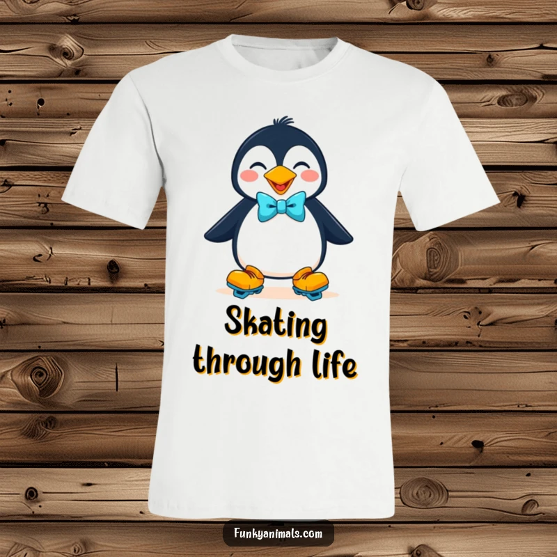 Funny goofy penguin sporting roller skates and a bright bow tie on this t-shirt, a humorous and cool graphic tee.