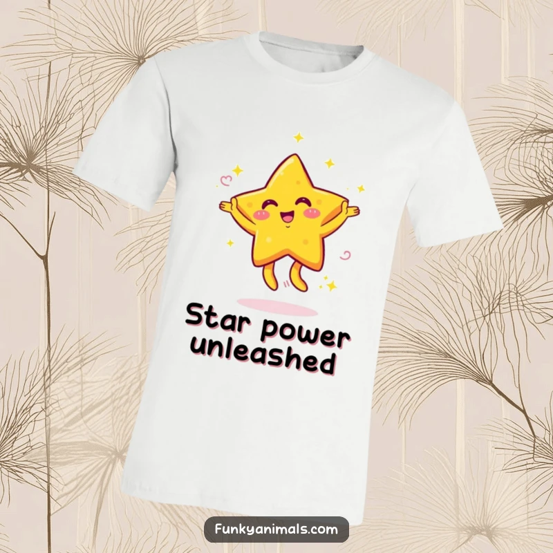 Funny t-shirt depicting a bright yellow star character with swirling arms dancing energetically, perfect for expressing joy and high energy.