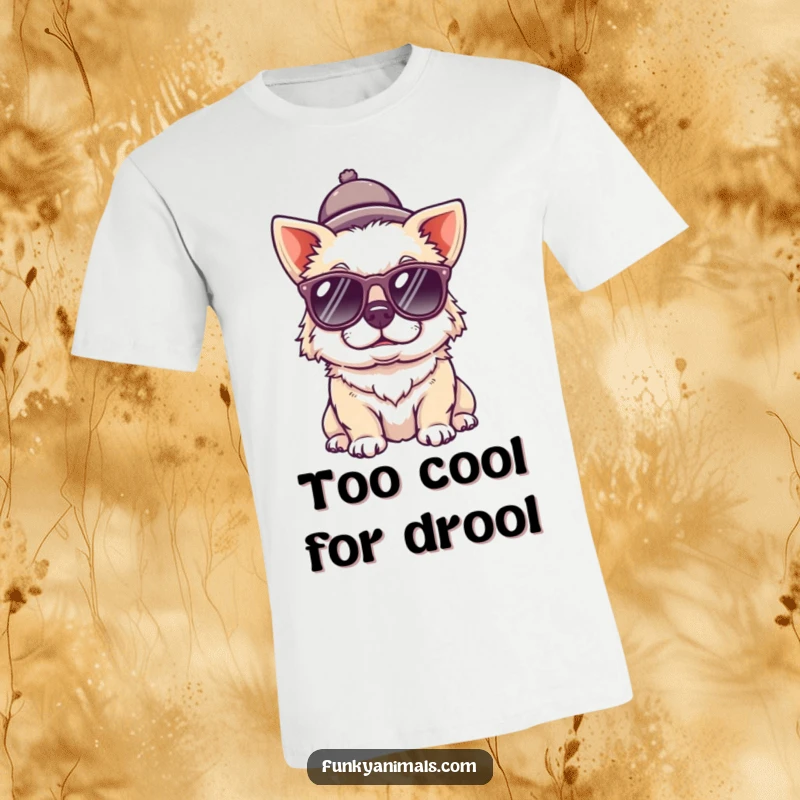 Funny dog t-shirt showcasing a quirky dog wearing cool sunglasses and a tiny hat, radiating personality and humor.