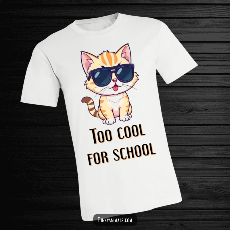 Funny t-shirt with a cool cat cub wearing sunglasses, exuding confidence in a funky, stylish pose.