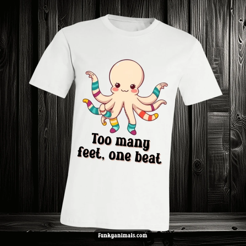 Funny octopus dancing with mismatched colorful socks on all tentacles, a lively and humorous t-shirt design.