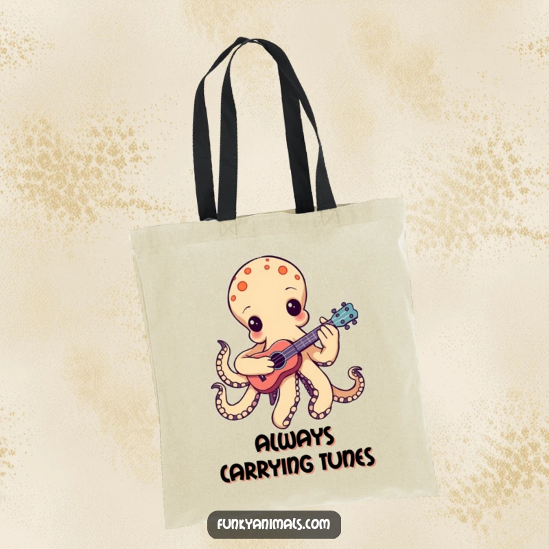 Funny groovy octopus tote bag, playing a tiny ukulele, one tentacle strumming rhythmically, a stylish accessory for music lovers.