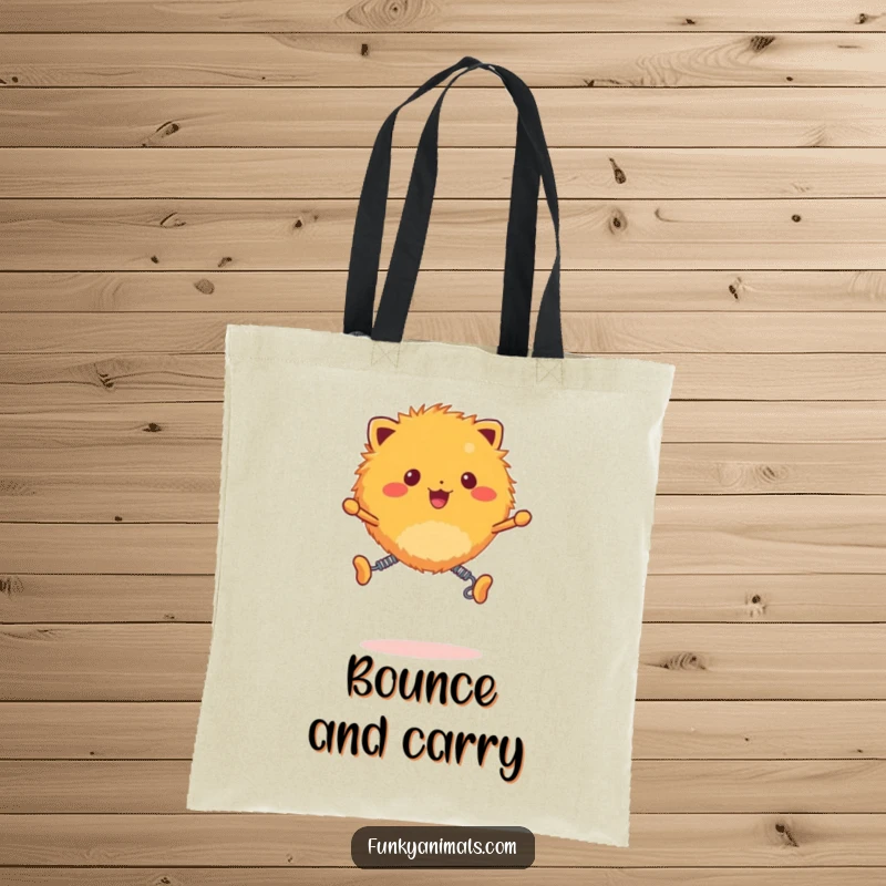 Funny fuzzy orange creature tote bag, creature with spring legs bouncing with infectious energy, practical and cute.