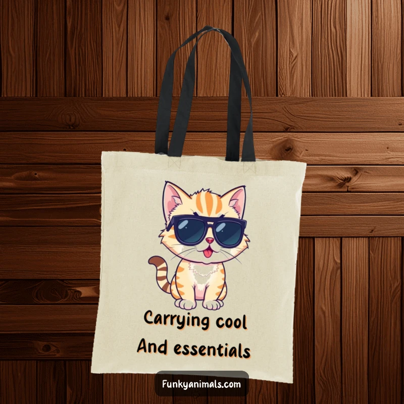 Funny tote bag showcasing a cool cat cub wearing sunglasses and striking a memorable, funky pose.