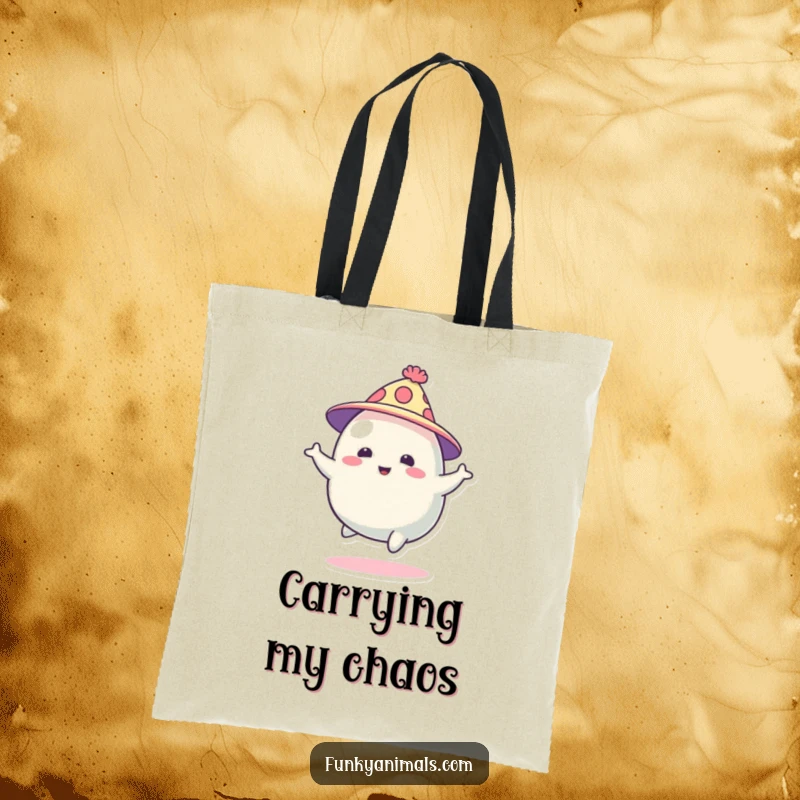 Funny abstract blob creature with a funky hat, bouncing energetically, depicted on a durable tote bag, ideal for carrying joy and essentials.