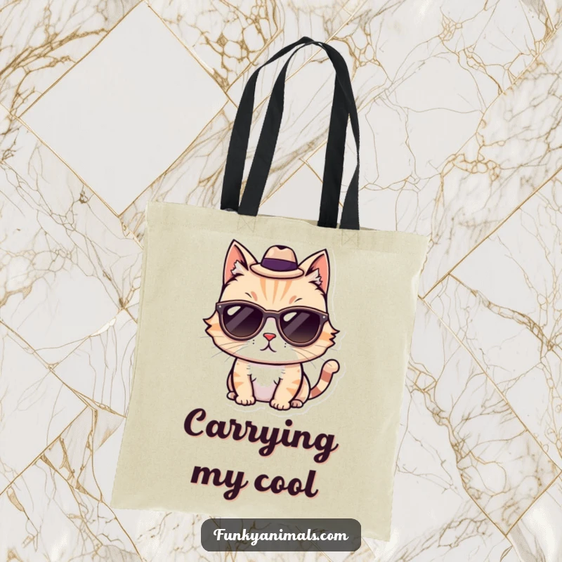 Funny Cool Cat Tote Bag showcasing a stylish cat with sunglasses and a fedora, ready for adventures.