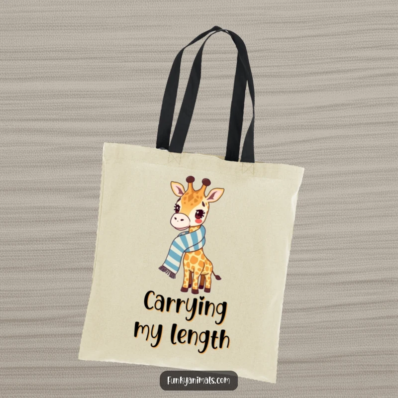 Funny giraffe tote bag adorned with a giraffe sporting a ridiculously long, striped scarf, perfect for everyday use.