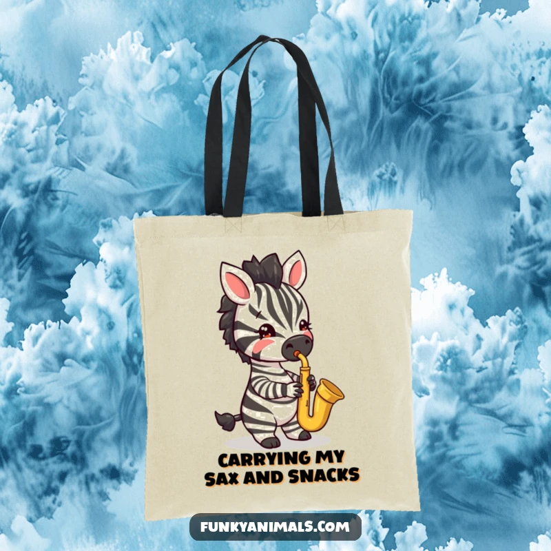 Funny tote bag featuring a jazzy zebra cub playing a saxophone with evident musical skill and flair.