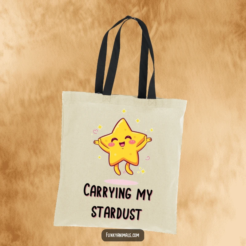 Funny tote bag featuring a bright yellow star character with swirling arms dancing energetically, ideal for a humorous and practical accessory.