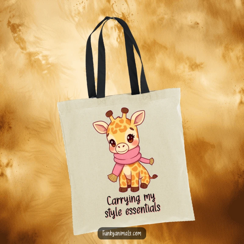 Funny tote bag with a hip giraffe cub sporting a knitted scarf, ready for stylish errands.