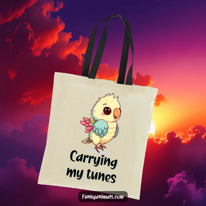 Funny tote bag with a groovy parrot cub dancing, perfect for carrying items with a side of tropical boogie.