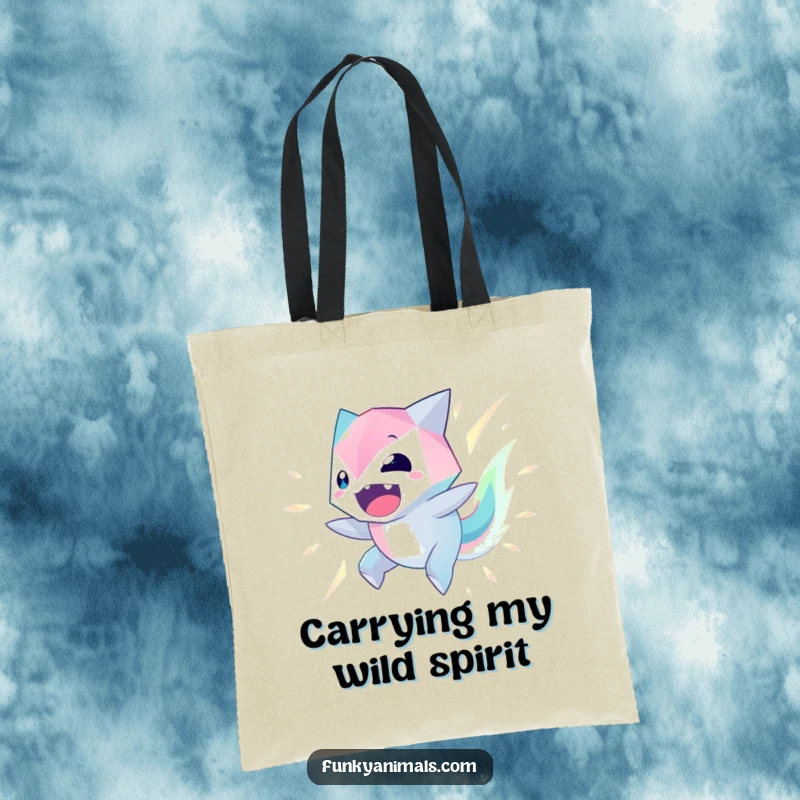 Funny Geometric Creature Tote Bag with a spinning, glowing geometric alien, perfect for carrying excitement.