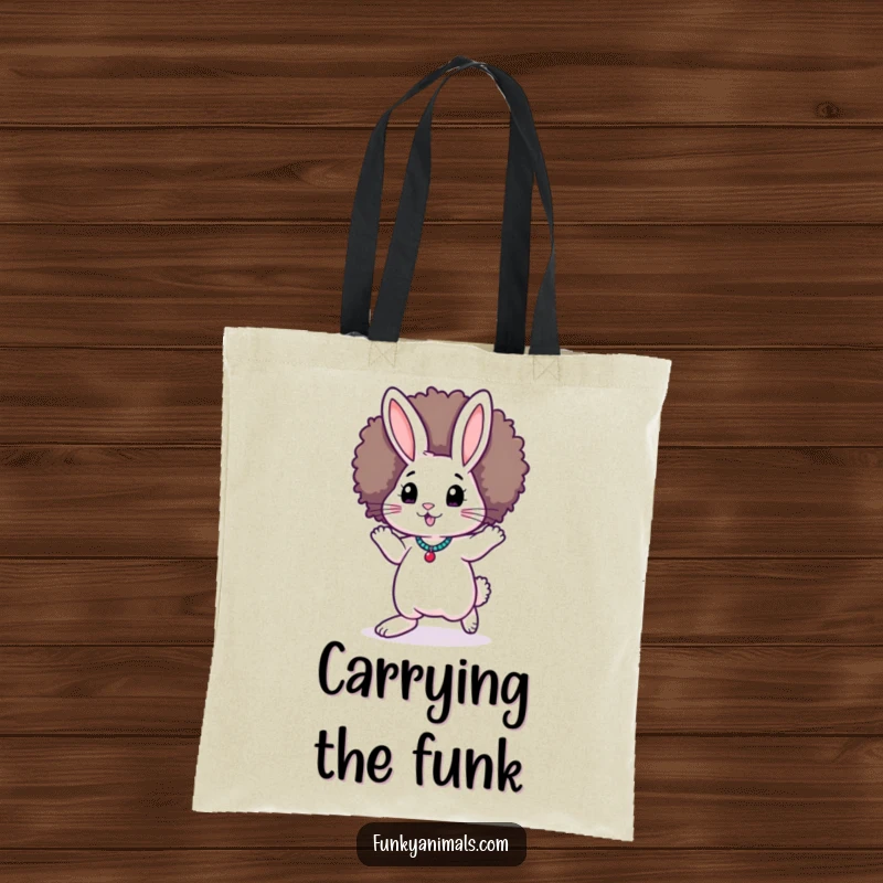 Funny Funky Rabbit Tote Bag: A rabbit sporting a large afro wig smoothly moonwalks, making this bag a funky statement piece.