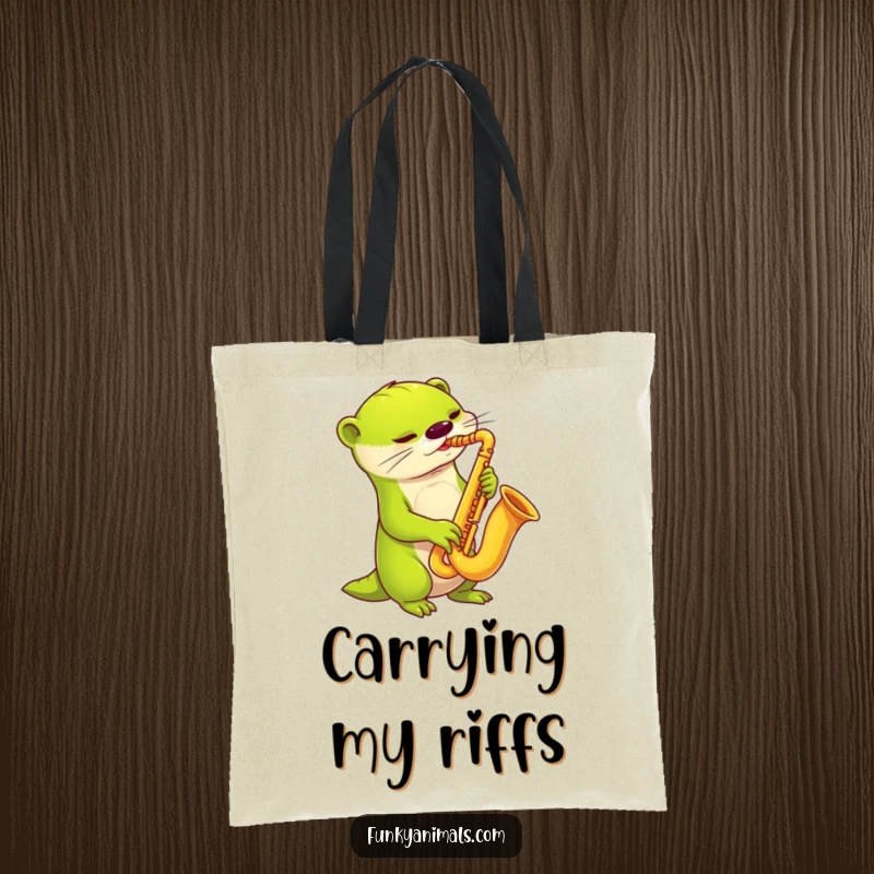 Funny alien otter tote bag featuring a lime green alien playing a funky saxophone, ready for intergalactic travel.