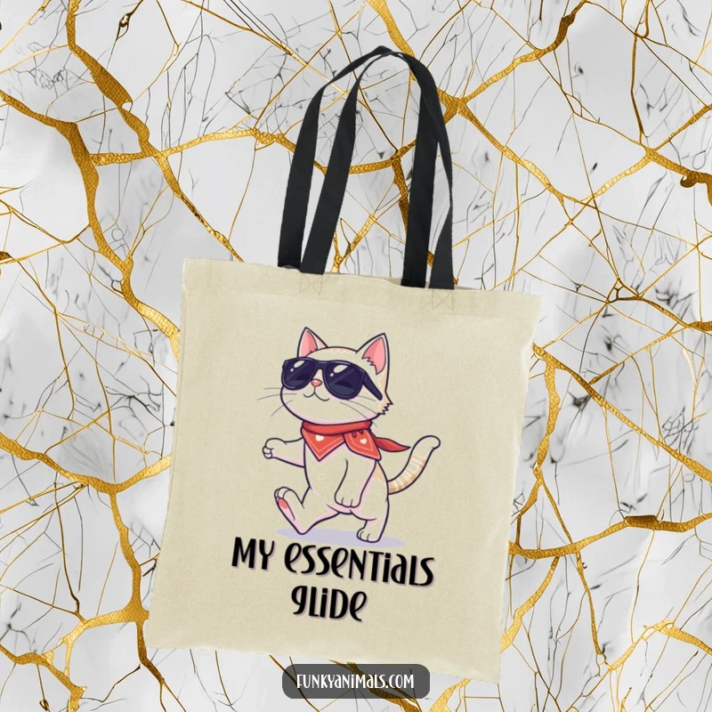 Funny cat tote bag featuring a cool cat in sunglasses and bandana, moonwalking gracefully on four paws, practical and stylish.