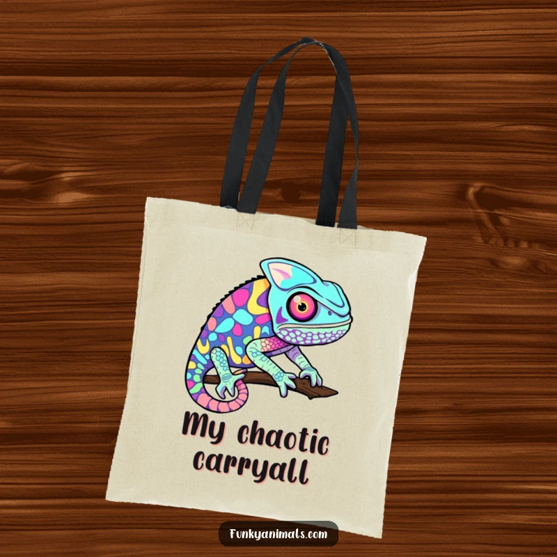 Funny chameleon tote bag featuring a psychedelic pattern with rapidly changing colors, perfect for carrying items with artistic flair.