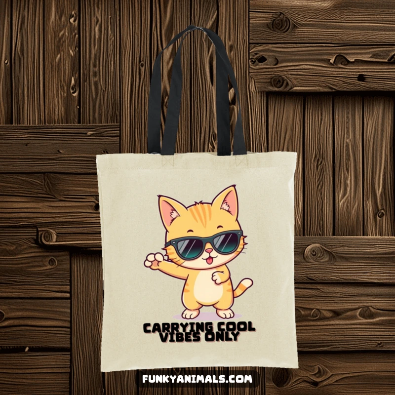 Funny cool cat wearing sunglasses, hitting a groovy dance move, printed on a stylish and functional tote bag.