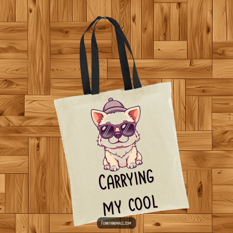 Funny dog tote bag adorned with a quirky dog wearing sunglasses and a tiny hat, perfect for carrying essentials with style.