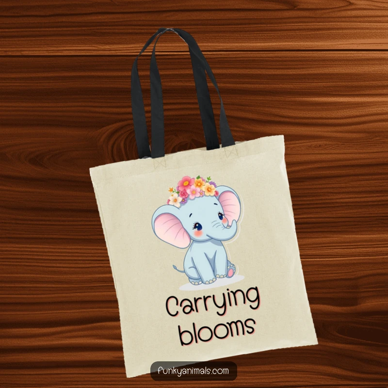 Funny Elephant Tote Bag with a cheerful elephant adorned in flowers, captured mid-twirl.