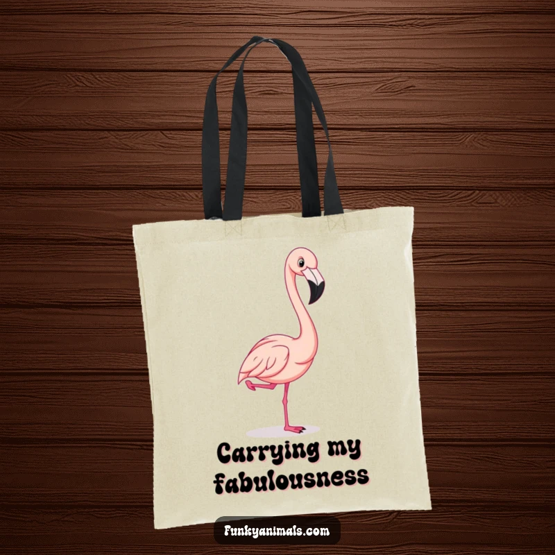 Funny flamingo striking a comical one-legged pose, showcasing flamboyant style on a humorous and chic tote bag.