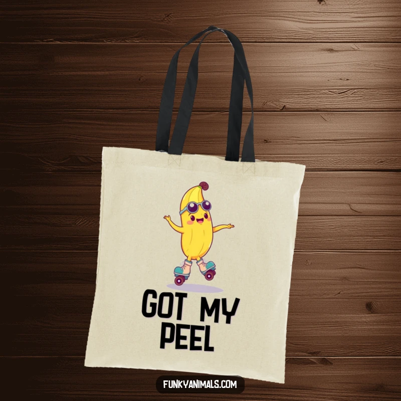 Funny tote bag featuring a groovy banana on roller skates, mid-spin, perfect for carrying daily items with a humorous and stylish flair.