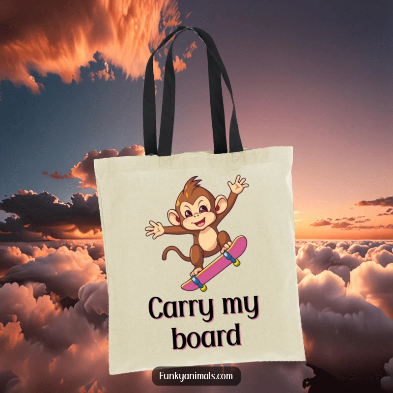 Funny tote bag showing a mischievous monkey doing a skateboard trick mid-air, practical for carrying items with a dose of coolness.