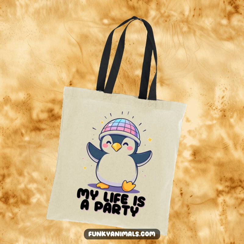 Funny penguin in a disco ball helmet, spinning with enthusiasm, a vibrant and humorous tote bag design.