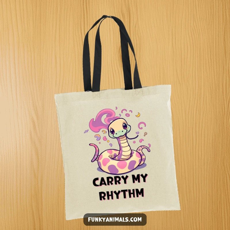 Funny Psychedelic Snake Tote Bag adorned with trippy, swirling patterns, showcasing a groovy snake ready for any adventure.