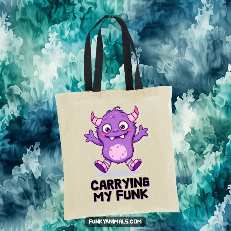 Funny purple monster tote bag, creature with mismatched socks doing a delightful silly dance, practical and cute.