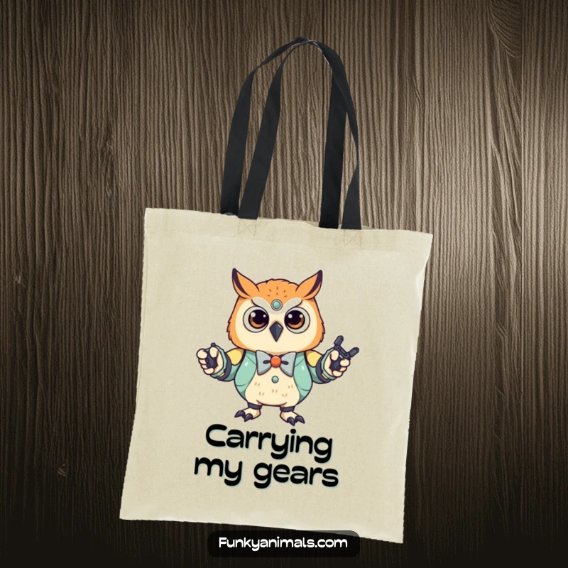 Funny Robot Owl Cub Tote Bag: A stylish owl cub with a bowtie, doing the robot dance, ready to carry your items with mechanical grace and humor.