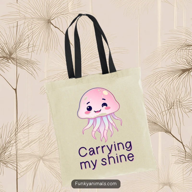 Funny sparkling jellyfish tote bag with a wide, goofy grin, depicted floating with a whimsical, happy expression, a tote of joy.