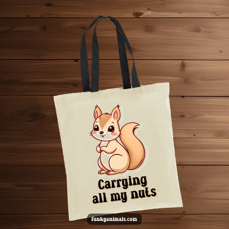 Funny squirrel with a spiraling, spinning tail, perfect for carrying essentials with humorous energy on a tote bag.