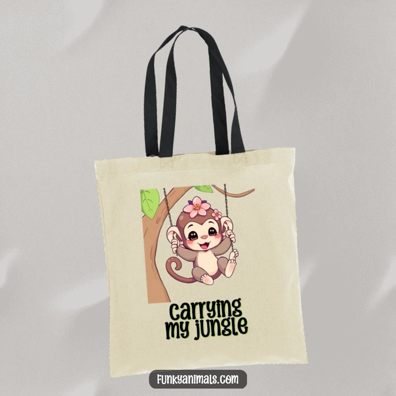 Funny Swinging Monkey Cub Tote Bag: A playful monkey cub swinging gracefully, a flower accentuating its hair, designed for carrying essentials with humor.
