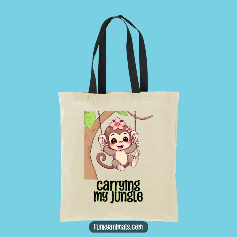 Funny Swinging Monkey Cub Tote Bag - Flower Hair Accessory, Eco-Friendly Humorous Gift