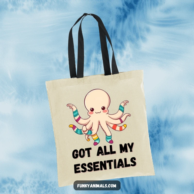 Funny octopus dancing with colorful mismatched socks on its tentacles, a humorous and functional tote bag design.