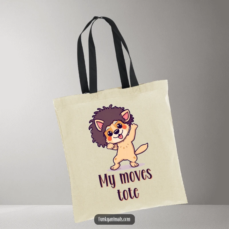 Funny dog wearing an afro wig, breakdancing with energetic moves, on a durable tote bag.