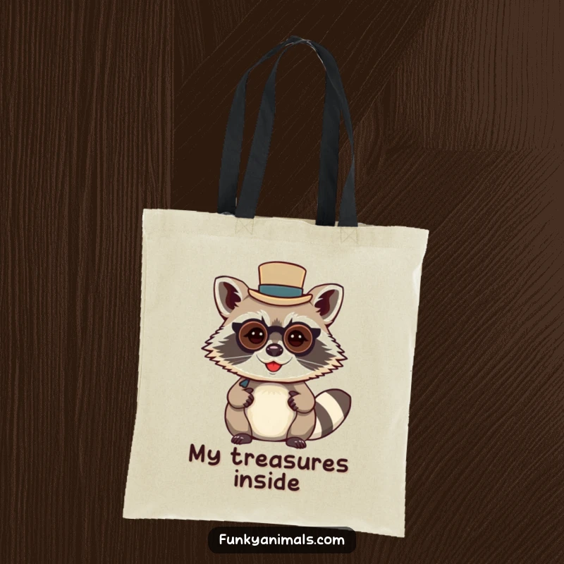 Funny raccoon gentleman tote bag featuring a mischievous raccoon wearing a tiny top hat and monocle, for daily use.