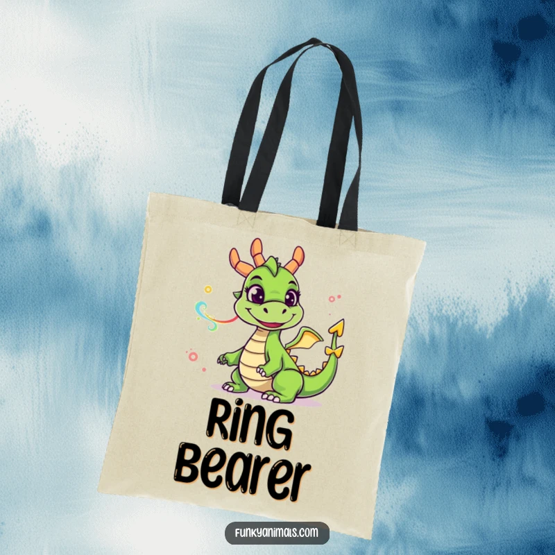 Funny green dragon tote bag featuring a goofy smiling dragon blowing colorful smoke rings, a practical and humorous accessory.