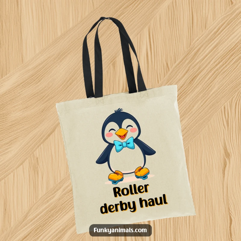 Funny goofy penguin on roller skates with a bow tie on this durable tote bag, a charming and humorous accessory.